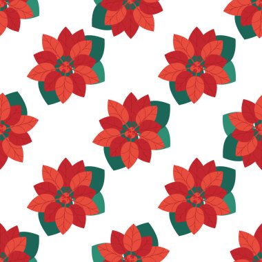 Beyaz arkaplanda yapraklar, vektör illüstrasyonlu, noel çiçeği desenli zarif bir desen. Noel deseni. Paket kağıdı ve tekstil baskısı için vektör illüstrasyonu.