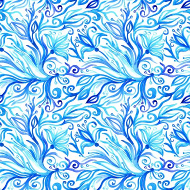 Tatlı suluboya, dikişsiz çiçek deseni. Dalların, yaprakların ve çiçeklerin soğuk mavi desenleri. Kartlar, davetiyeler, kumaşlar, imtiyazlar, davetiyeler için kullanılabilir.