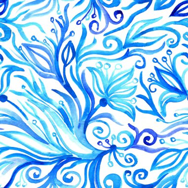 Tatlı suluboya, dikişsiz çiçek deseni. Dalların, yaprakların ve çiçeklerin soğuk mavi desenleri. Kartlar, davetiyeler, kumaşlar, imtiyazlar, davetiyeler için kullanılabilir.