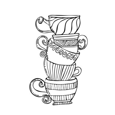 Çay fincanları, el çizimi karalama ikonu. Beyaz arkaplanda izole edilmiş baskı, web, mobil ve bilgi grafikleri için çay fincanı çizimi.