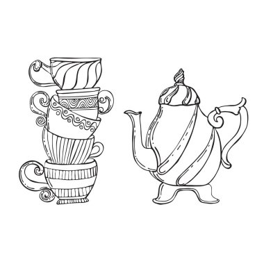 Çay fincanları ve çaydanlık, el çizimi karalama ikonu. Beyaz arkaplanda izole edilmiş baskı, web, mobil ve bilgi için çay fincanı tasviri çizimi.