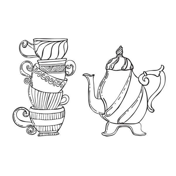 Theekopjes Theepot Met Hand Getekend Schets Doodle Pictogram Hete Drank — Stockvector