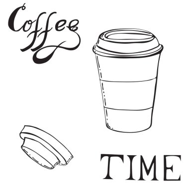 Kahve zamanı posteri konsepti. Kahve partisi kartı tasarımı. El çizimi çizimleri, fincanlar ve şekerler. Kahve molası ve kahvaltı zamanı etiketleri beyaz arka planda izole edildi. Doodle Biçimi.