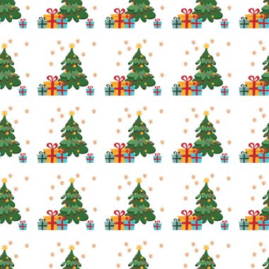 Kış arkaplanı Noel ağacı, havai fişekler ve beyaz arka planda hediyeler. Tekstil, kumaş, duvar kağıdı, ambalaj, hediye paketi, kağıt, hatıra defteri ve ambalaj için yüzey tasarımı.