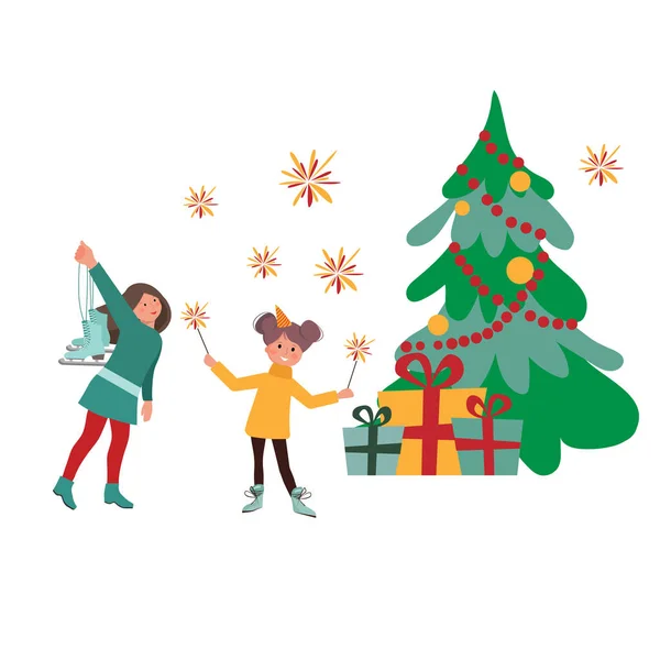 小さな子供たちは新年を祝う 陽気な女の子はクリスマスツリー 光の輝きを飾る 贈り物を与える 新年とメリークリスマス — ストックベクタ