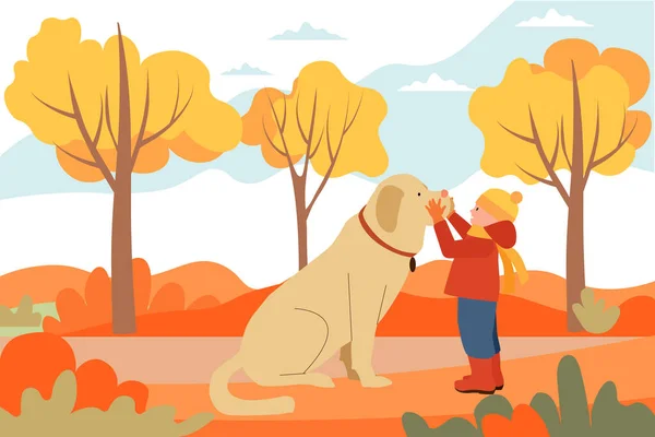 小さな男の子と大きなふわふわの茶色の犬とコンパニオン 秋の通り 森に沿って歩く 4足の友人の世話をする フラットスタイルのベクトルイラスト 白地に隔離された — ストックベクタ