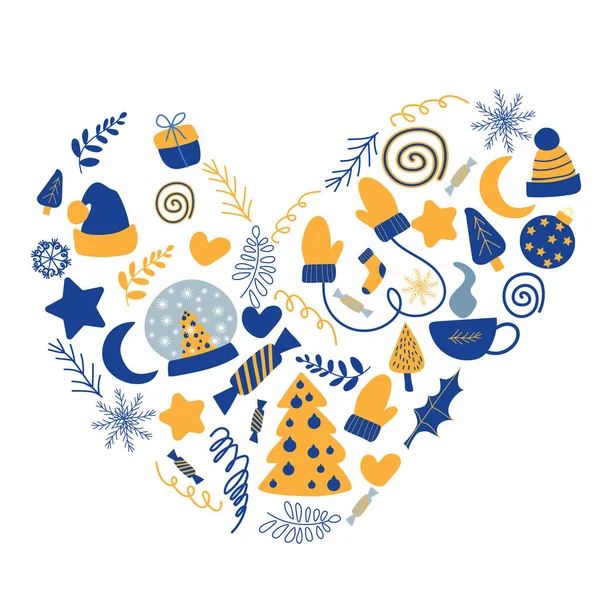 子供っぽい北欧の手描きのスタイルでハート型のお祝い要素を持つ大きなクリスマスセット 青と黄色のパレット — ストックベクタ