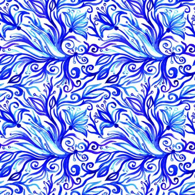 Tatlı suluboya, dikişsiz çiçek deseni. Dalların, yaprakların ve çiçeklerin soğuk mavi desenleri