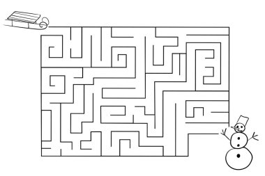 Çocuklar için mutlu noel bulmacaları. Çocuklar için kış labirenti, elle çizilmiş. Kızaklar kardan adama giden bir yol arıyor. Renklendirme için siyah ve beyaz eğitim etkinlik sayfası