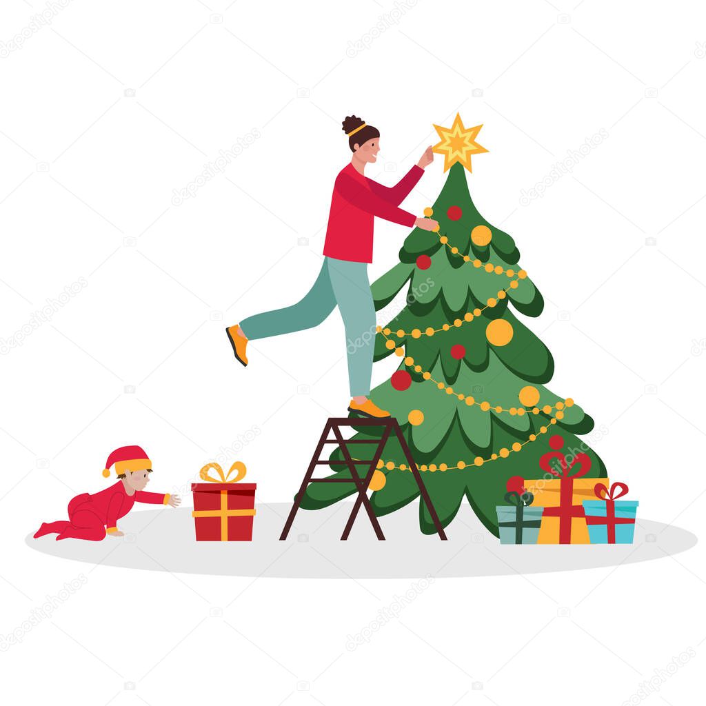 The woman is preparing for the new year. The girl decorates the Christmas tree while standing on the stairs. Merry Christmas party. Heroes greet New Year s Eve. Vector illustration
