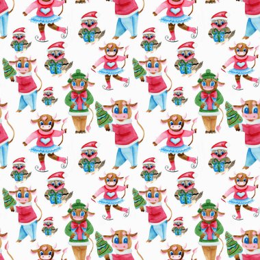 Tatlı boğayla kusursuz bir yeni yıl deseni. 2021 Öküz Yılı. Noel 'de hayvan çizgi film karakteri. Kusursuz desenler. Suluboya tasarımı Noel projeleri için mükemmel..