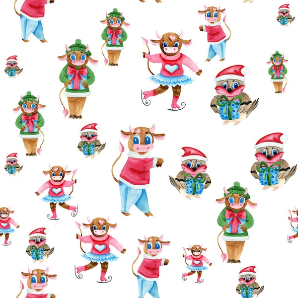 New year seamless pattern with cute bull and bird. 2021 year of the bull. Animal in Christmas holidays cartoon character. Seamless patterns. The watercolor design is perfect for New Year\'s projects.