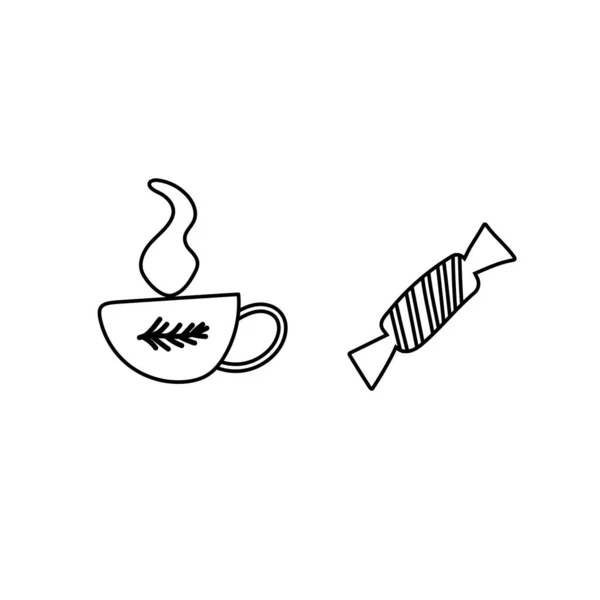Післяобідній Чай Сніданок Каракулі Шоколад Чашка Чаю Чорно Біла Ілюстрація — стоковий вектор