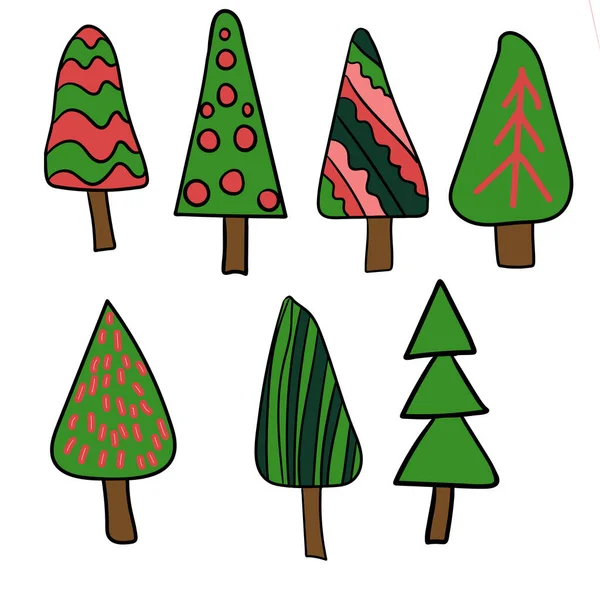 手描きの落書きクリスマスツリー 赤と緑のモミの木 新年のベクトル記号を設定します シンプルな芸術的なタッチ シルエットの装飾アイコンは白い背景に隔離されています — ストックベクタ