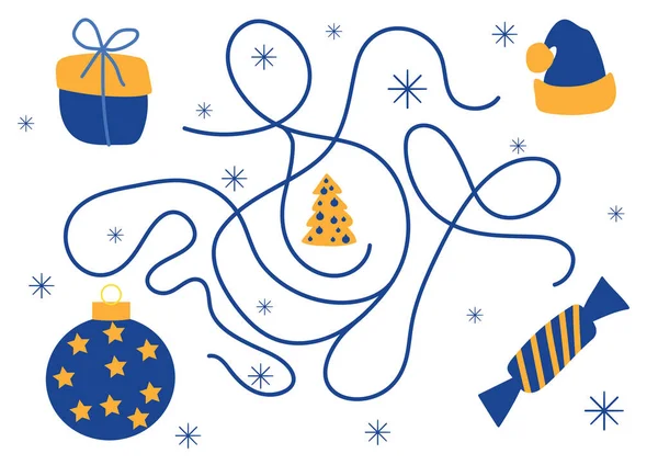 クリスマス迷路 キャンディー ギフト クリスマスツリーのおもちゃが木を見つけるのを助けます 子供の発達のためのボードゲーム ハッピー ホリデー ベクトル手描きの漫画スタイル 青と黄色のパレット — ストックベクタ