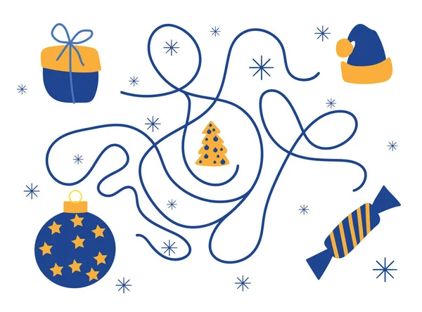 クリスマス迷路 キャンディー ギフト クリスマスツリーのおもちゃが木を見つけるのを助けます 子供の発達のためのボードゲーム ハッピー ホリデー ベクトル手描きの漫画スタイル 青と黄色のパレット — ストックベクタ