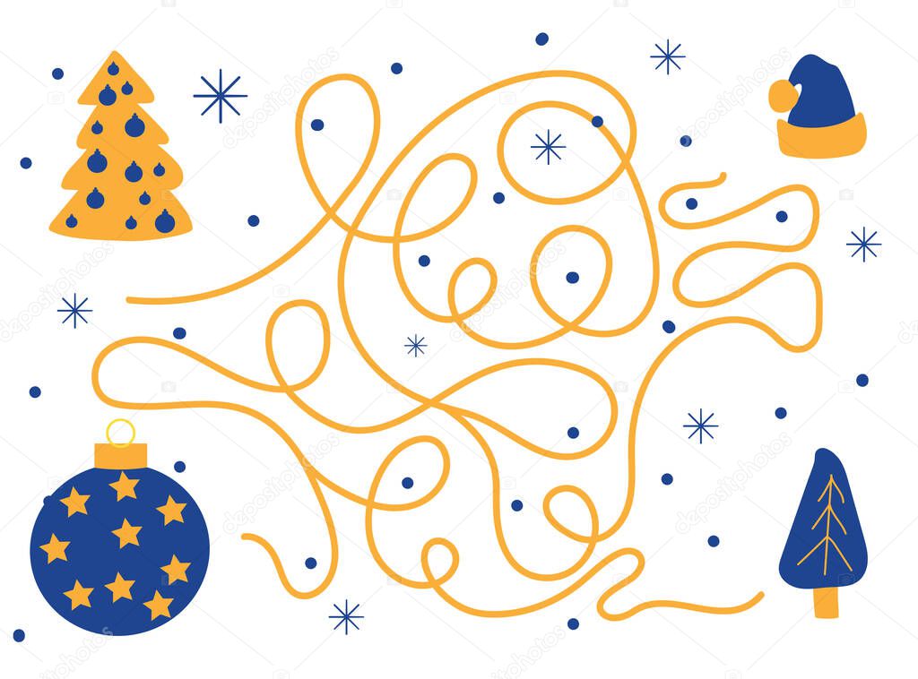 Christmas maze. Help the Christmas trappings find each other. Christmas tree, hat, toy. Board game for child development. Happy Holidays. Vector hand drawn cartoon style. Blue and yellow palette.