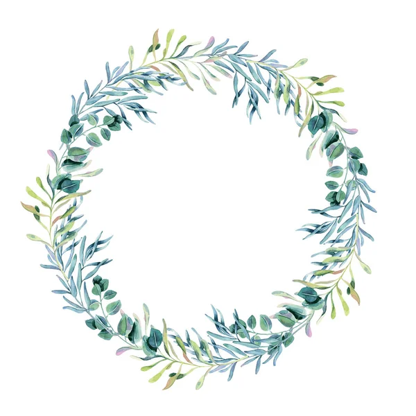 Srebrny Wieniec Eukaliptusowy Akwarela Zielony Floral Banner Design Okrągła Rama — Zdjęcie stockowe