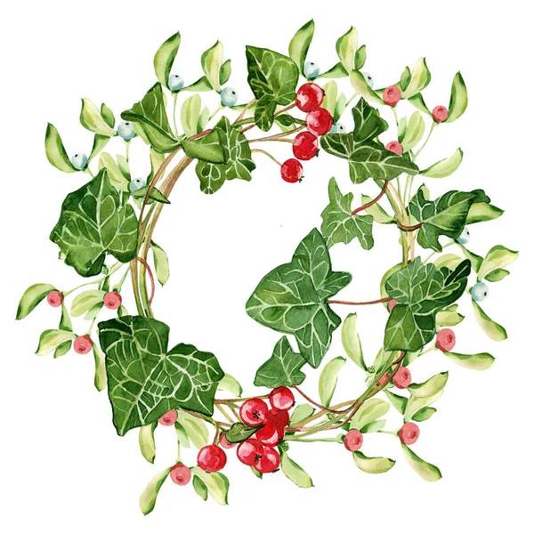 Aquarell Handgezeichnet Frohe Weihnachten Dekoration Kranz Mit Stechpalme Zweige Isoliert — Stockfoto
