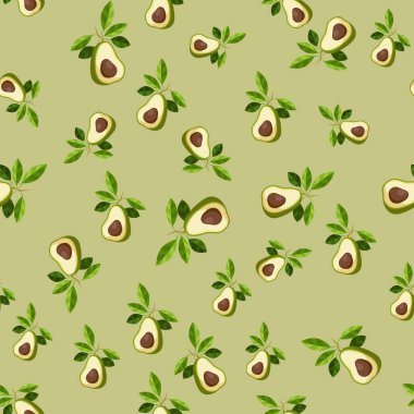Avokado pürüzsüz desen. Yapraklı avokado. Baskı, kumaş ve paketleme için tasarlanmış organik, vegan, ham ürünler. Eko ve sağlıklı yiyecekler için doku