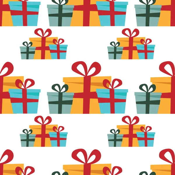 飾り付きの美しいクリスマスパターン リボン付きのクリスマスギフトボックステンプレート グリーティングカード 招待状 ポスターのためのシームレスなデザイン — ストックベクタ