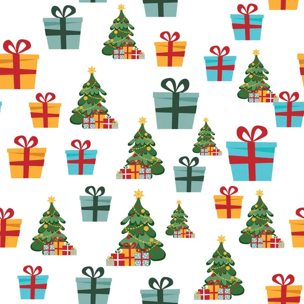 白い背景にクリスマスツリー 花火や贈り物と冬の背景 ファブリック ギフト包装 スクラップブック 包装用表面設計 — ストックベクタ