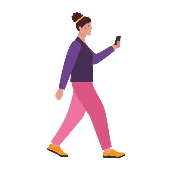 携帯電話を手にした若い女性が通りを歩いている ピンクのパンツには ヘアドアが高い紫色のセーター 白を基調としたベクトルフラットスタイルのイラスト 店内販売時期 — ストックベクタ
