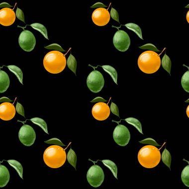Kusursuz desenli, yapraklı turuncu şeftali ve beyaz arkaplanda yeşil kireç. Bir dilim portakal. Organik olgun sarı turunçgil meyveleri. Duvar kağıdı, kumaş, hatıra defteri, ambalaj kağıdı için..