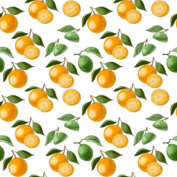 无缝隙图案 枝条上有绿色叶子 白色背景 一片橙子 有机成熟的黄色柑橘类水果 剪贴簿 包装纸 — 图库照片