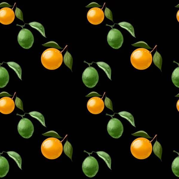 Kusursuz desenli, yapraklı turuncu şeftali ve beyaz arkaplanda yeşil kireç. Bir dilim portakal. Organik olgun sarı turunçgil meyveleri. Duvar kağıdı, kumaş, hatıra defteri, ambalaj kağıdı için..