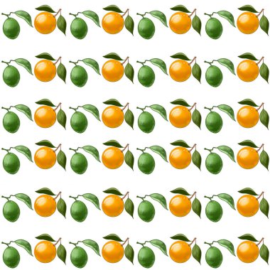 Kusursuz desenli, yapraklı turuncu şeftali ve beyaz arkaplanda yeşil kireç. Bir dilim portakal. Organik olgun sarı turunçgil meyveleri. Duvar kağıdı, kumaş, hatıra defteri, ambalaj kağıdı için..