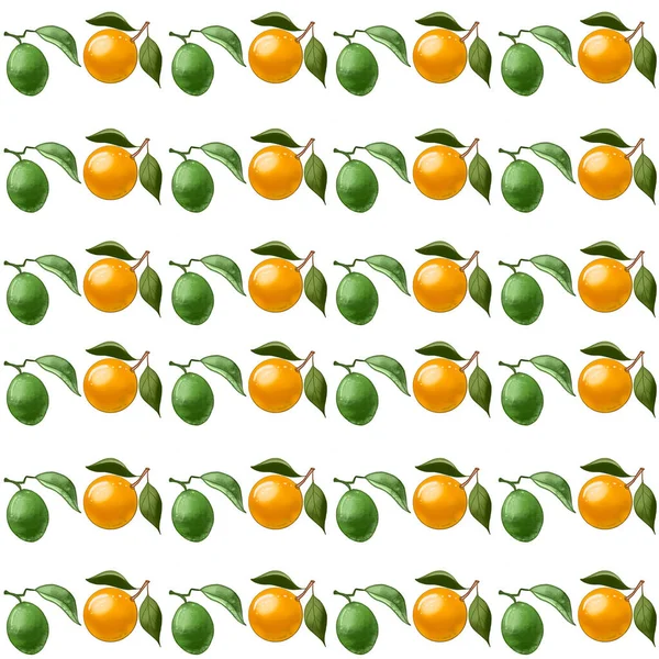 Kusursuz desenli, yapraklı turuncu şeftali ve beyaz arkaplanda yeşil kireç. Bir dilim portakal. Organik olgun sarı turunçgil meyveleri. Duvar kağıdı, kumaş, hatıra defteri, ambalaj kağıdı için..