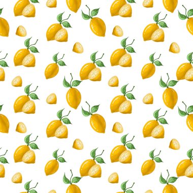 Kusursuz desenli, beyaz arka planda yeşil yapraklı limon..