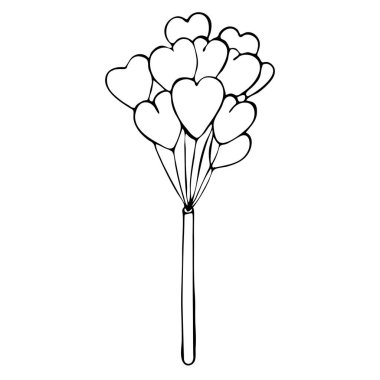 Bir avuç balonda kalp. Vektör siyah ve beyaz illüstrasyon