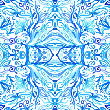 Tatlı suluboya, dikişsiz çiçek deseni. Dalların, yaprakların ve çiçeklerin soğuk mavi desenleri