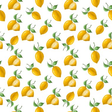 Kusursuz desenli, beyaz arka planda yeşil yapraklı limon. Organik olgun sarı turunçgil meyveleri. Duvar kağıdı, kumaş, hatıra defteri, ambalaj kağıdı için..