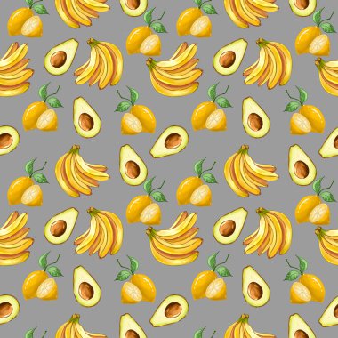 Elle çizilmiş sarı muz ve yeşil avokado ile pürüzsüz desen, gri arka planda limon. Basit bir illüstrasyon. Sağlıklı beslenme. Tropikal desen. Paket kağıdı, hediye kartı, poster, afiş tasarımı.
