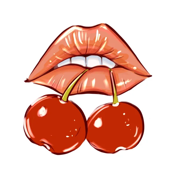 Lèvres Rouges Femme Avec Cerise Sur Fond Pop Art Illustration — Photo