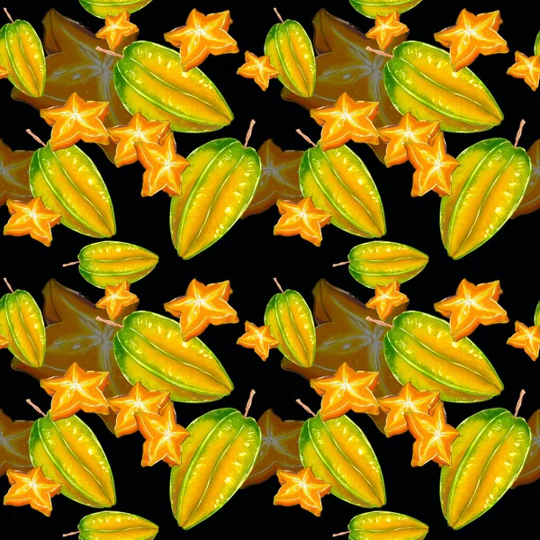 Seamless Pattern Exotic Tropical Carambola Fruits Sweets Yummies Hand Drawn — Stock Photo, Image