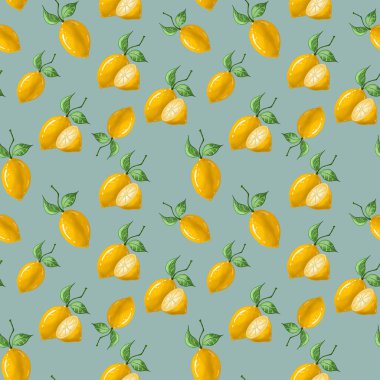 Kusursuz desenli, beyaz arka planda yeşil yapraklı limon..