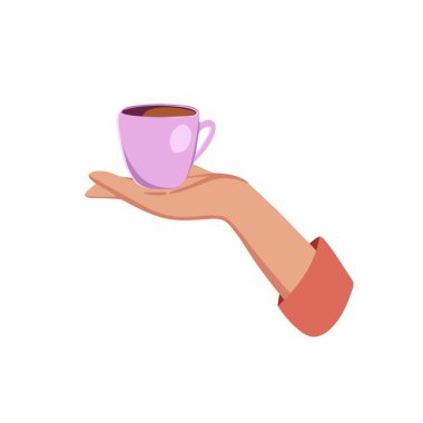 Kahve içen vektör illüstrasyonu. Çay molası, kupa, bir kafede eller üst tarafta. Kadın..