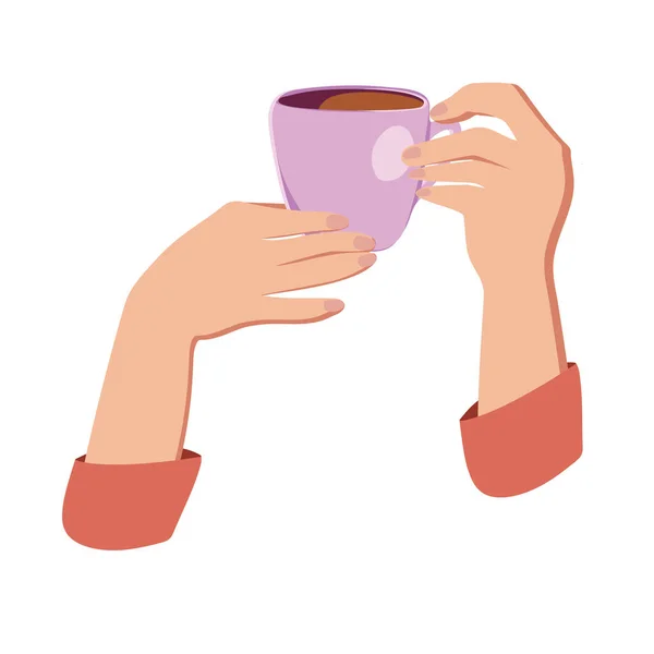 Ilustração vetorial beber café. Tea coffee break, caneca, mãos vista superior em um café. Feminino. — Vetor de Stock