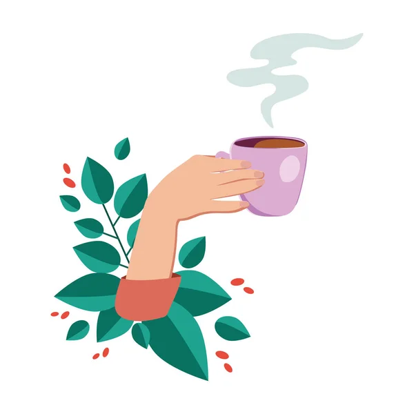Vektorová ilustrace pije kávu. Čaj přestávka na kávu, hrnek, ruce horní pohled v kavárně. Žena. — Stockový vektor