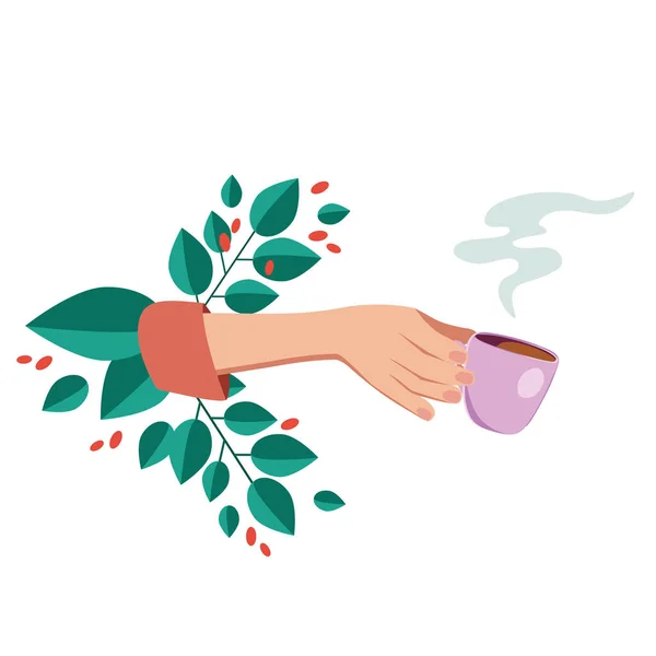 Vector illustration drinking coffee. Tea coffee break, mug, hands top view in a cafe. Female. — Stock Vector