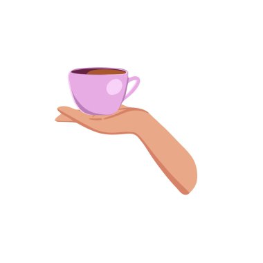 Kahve içen vektör illüstrasyonu. Çay molası, kupa, bir kafede eller üst tarafta. Bir kadın. Zor zamanlarda dostça destek, kadın kahvecilerle sohbet.