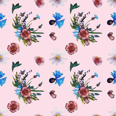 Mavi tarla çiçekleriyle desenli çiçek deseni. Botanik duvar kağıdı. Çiçekli çiçek. İç dekorasyon, tekstil baskısı, yazdırılmış sayılar, davetiye kartları için Boho tarzı yüzey tasarımı