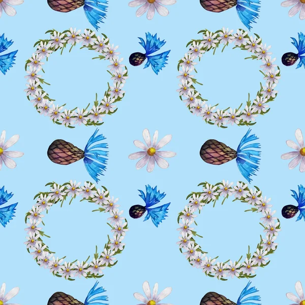 花的无缝图案与蓝色野花 植物壁纸 花的玉米花 Boho风格室内装饰 纺织品印刷 印刷品 邀请卡的平面设计 — 图库照片