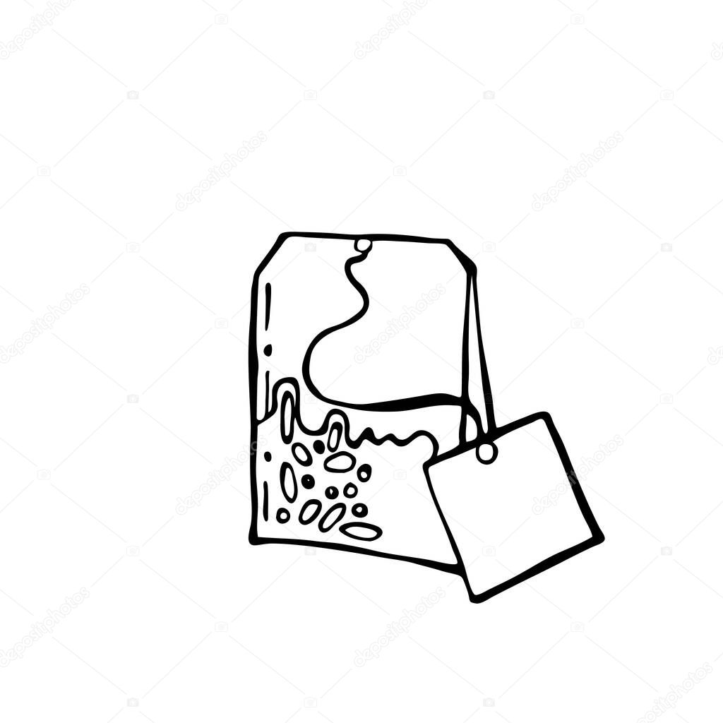 Hand drawn vector cute tea bag. Doodle style. Black outline isolated on white. Design for greeting cards, scrapbooking, textile, wrapping paper, cafe or restaurant menu, food infographic.