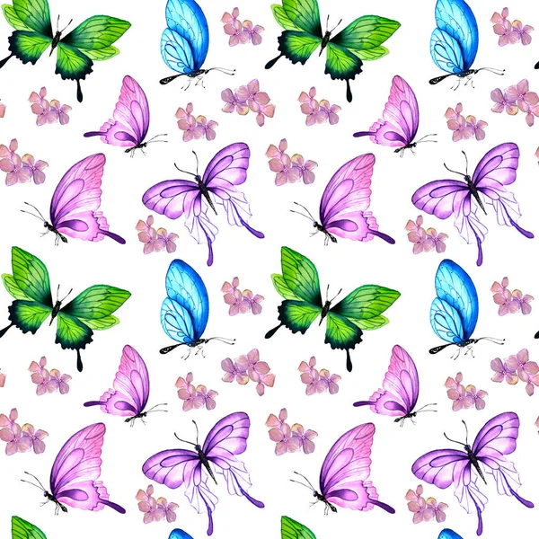 アジサイや庭 蝶の花を咲くのヴィンテージ花花束のパターン 白に自然のアジサイの植物イラスト 水彩風の夏の花紫陽花の絵葉書 — ストック写真