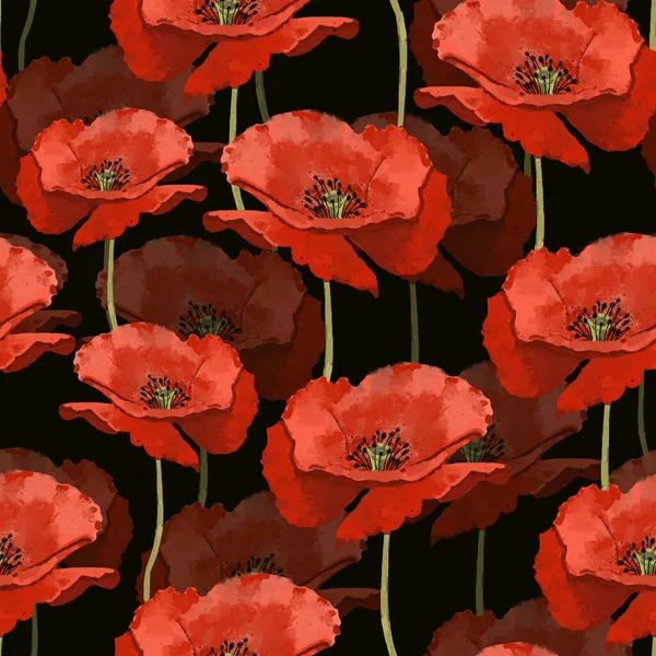 Απρόσκοπτη Μοτίβο Άγριες Κόκκινες Παπαρούνες Πόπι Λουλούδια Απρόσκοπτη Μοτίβο Φόντου — Φωτογραφία Αρχείου